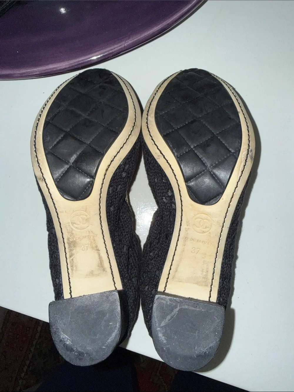 AUTHENTIC Chanel Black Lace Ballet Flats with Gold Accent - Women's Shoes